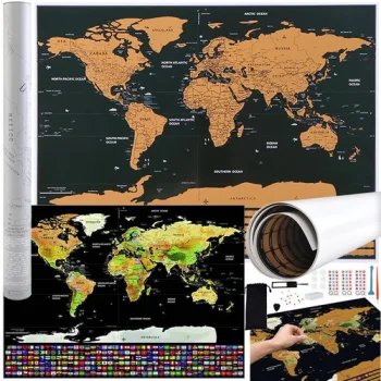 Nokasāmā Ceļotāja Pasaules Karte Plakāts 82x59cm, Lieliska dāvana 23442 (ar aksesuāriem) | World Map Scratch Card