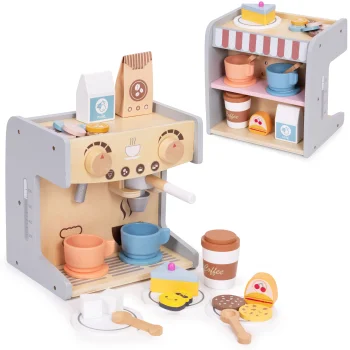 Ecotoys koka kafijas automāts un veikaliņš bērniem 2-in-1, 26 piederumi