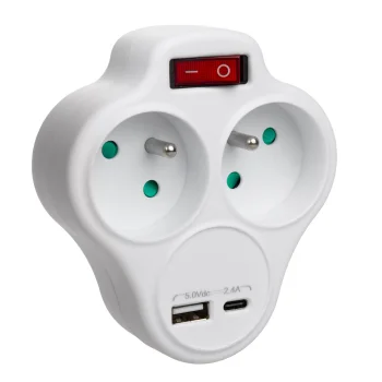 Maclean sadalītājs ar 2 rozetēm, slēdzi un USB A/C 2.4A, balts