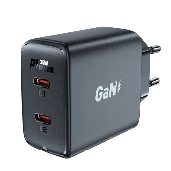 Tīkla lādētājs GaN 35W PD 2x USB-C Acefast A49, melns