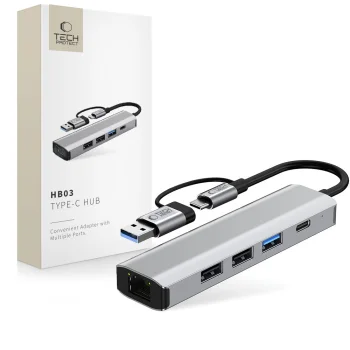 Tech-Protect HB03 5in1 USB-C un USB-A centrmezgls ar RJ45, pelēks