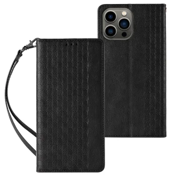 Atverams vāciņš iPhone 13 Pro Max Magnet Strap Case ar statīvu un siksniņu, melns