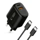 Tech-Protect NCA45W-GAN 45W 2 portu lādētājs ar USB-C kabeli, Melns