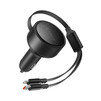 Orico Dual Stretch 60W auto lādētājs ar ievelkamiem USB-C un Lightning kabeļiem, melns