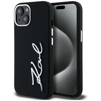 Karl Lagerfeld Silicone Metal Script Logo vāciņš iPhone 15 - Melns