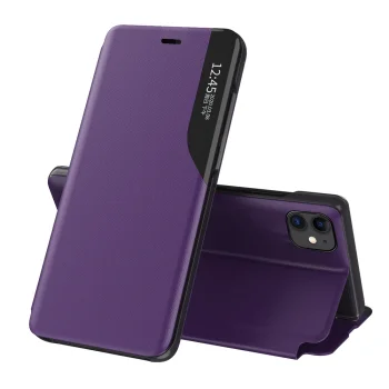 Hurtel Eco Leather View Case atverams vāciņš telefonam iPhone 13 mini ar statīvu, violets