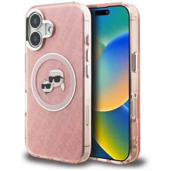 Karl Lagerfeld IML Glitter Karl & Choupette Heads MagSafe vāciņš priekš iPhone 16, rozā