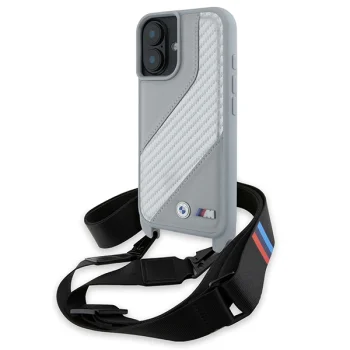 BMW M Edition Carbon Stripe & Strap iPhone 16 vāciņš, pelēks
