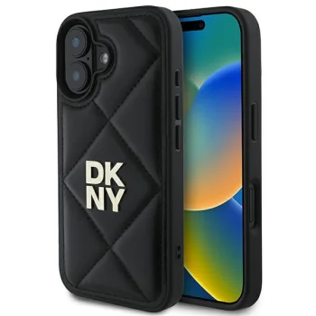 DKNY iPhone 16 vāciņš Quilted Stack Logo, melns
