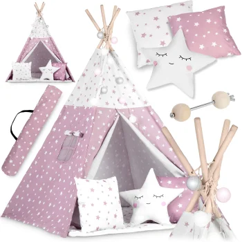 Nukido Bērnu Tipi Telts Vigvams ar Apgaismojumu, Rozā zvaigznes | Children Tent Tipi with Lights