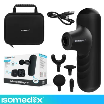 Mini masāžas pistole Isomedix, 2x 2500 mAh, 5 režīmi, 4 uzgaļi