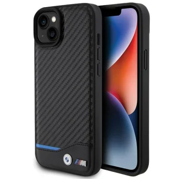 BMW Leather Carbon vāciņš priekš iPhone 15 Plus, melns