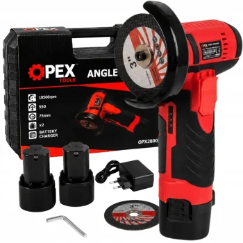 OPEX TOOLS OPX28003 Akumulatora leņķa slīpmašīna 800W 12V ar 2 akumulatoriem un koferi