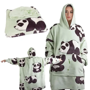 Liels oversize hūdijs-sega Panda, silts džemperis ar kapuci, zaļš