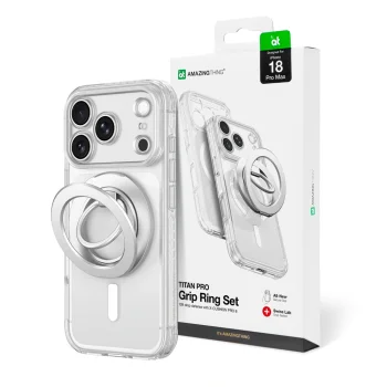 Vāciņš AmazingThing Titan Pro Lens Ring iPhone 18 Pro Max ar MagSafe un statīvu, caurspīdīgs