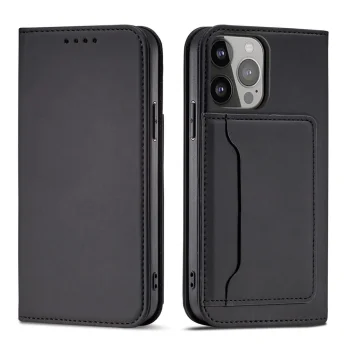 Atverams vāciņš iPhone 14 Pro Magnet Card Case ar maka un statīva funkciju, melns