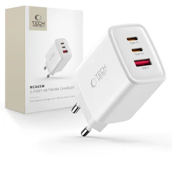 Tech-Protect NCA65W-GAN GaN 3 portu sienas lādētājs 65W, Balts