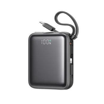 Ārējais akumulators Joyroom JR-PBF27 10000mAh 22.5W ar iebūvētiem USB-C un Lightning kabeļiem, melns