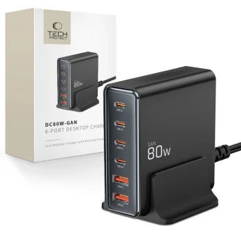 Tech-Protect DC80W-GAN 6-portu lādēšanas stacija 80W, melna