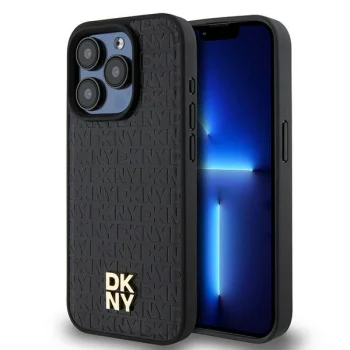 DKNY iPhone 15 Pro vāciņš Leather Monogram Pattern Metal Logo MagSafe, melns
