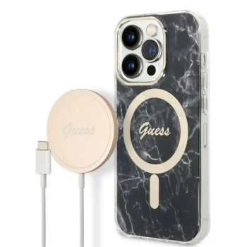 Guess Marble MagSafe komplekts iPhone 14 Pro: vāciņš un lādētājs, melns