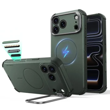 ESR Cyber Tough Kickstand MagSafe vāciņš ar statīvu iPhone 18 Pro Max / 17 Pro Max, zaļš
