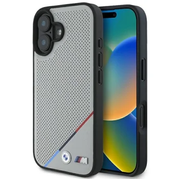 BMW M Perforated Tricolor Line MagSafe vāciņš iPhone 16, pelēks