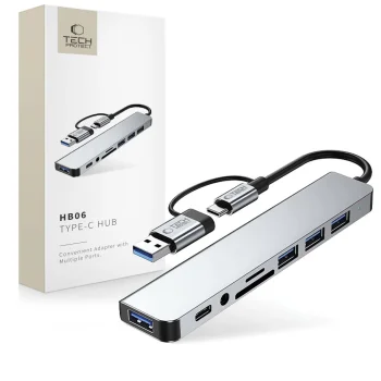 Tech-Protect HB06 8in1 USB-C centrmezgls un adapteris, pelēks