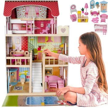 Koka leļļu māja Kruzzel D11251 ar baseinu un LED apgaismojumu, 90 cm