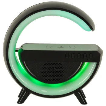 Daudzfunkcionāla RGB LED lampa ar skaļruni un bezvadu lādētāju, melna