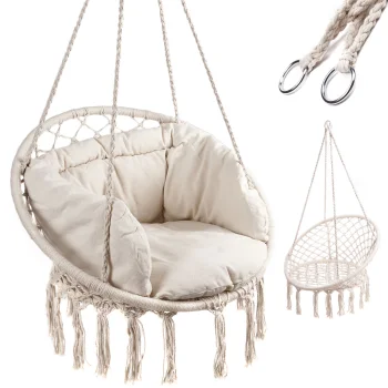 LUARO Šūpuļkrēsls "Stārķa ligzda" ar spilvenu, 80 cm, 150 kg, Ecru