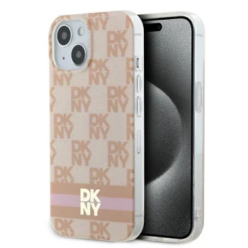 DKNY iPhone 15 vāciņš IML Checkered Mono Pattern & Printed Stripes MagSafe, rozā