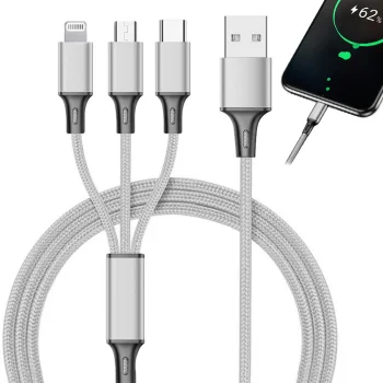 3-in-1 USB kabelis tālrunim (Lightning, Micro USB, Type-C), 1.2m, sudrabains