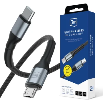 3mk Hyper Cable N-SERIES USB-C uz Micro USB kabelis 1m 10W, melns