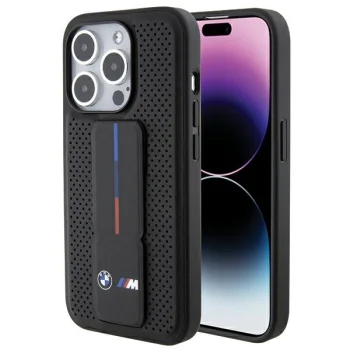 BMW Grip Stand Smooth & Perforated vāciņš iPhone 15 Pro ar statīvu, melns