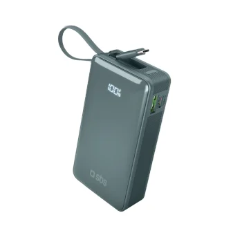 Ārējais akumulators SBS 10000 mAh 20W ar iebūvētu USB-C kabeli un LCD displeju, pelēks