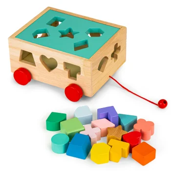 Koka ratiņi-sorteris ar klučiem ECOTOYS, velkama rotaļlieta