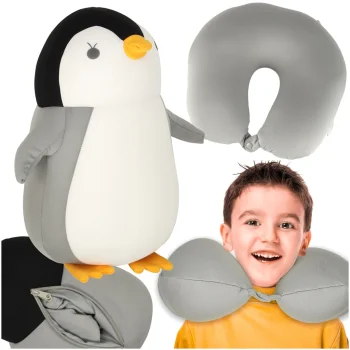2-in-1 Ceļojumu spilvens un mīkstā rotaļlieta Pingvīns, pelēks