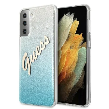Guess Samsung Galaxy S21+ vāciņš Glitter Gradient Script, zils