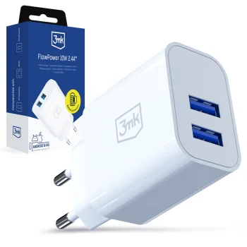 3Mk Protection FlowPower 10W 2.4A sienas lādētājs, 2x USB-A, balts