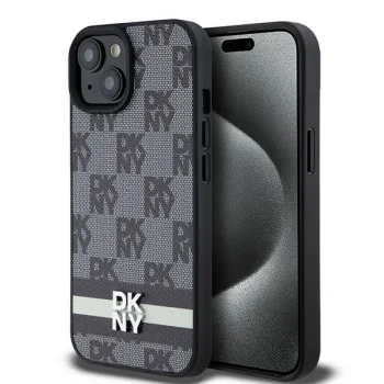 DKNY iPhone 15 Plus vāciņš Checkered Pattern & Printed Stripes, melns