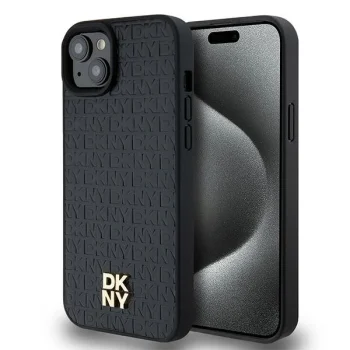 Dkny iPhone 15 / 14 / 13 vāciņš Leather Pattern Metal Logo MagSafe, melns