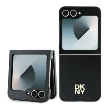 DKNY Leather Metal Stack Logo vāciņš Samsung Galaxy Z Flip 6, melns