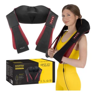4FIZJO SHIATSU PRO+ Šiacu Sildošs Kakla Muguras Plecu 3D Masažieris Masieris Visam Ķermenim, Melns/Sarkans | Back...