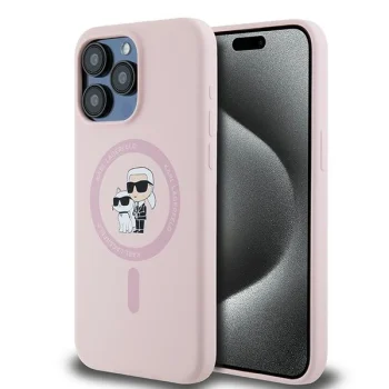 Karl Lagerfeld iPhone 15 Pro Max vāciņš Silicone Karl & Choupette Ring MagSafe, rozā