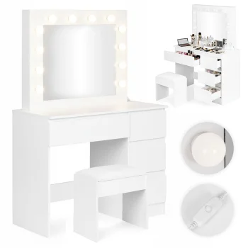 Kosmētikas galdiņš ModernHome ar LED spoguli, 4 atvilktnēm un tabureti