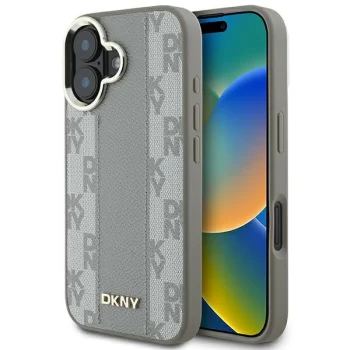 DKNY iPhone 16 vāciņš Leather Checkered Mono Pattern MagSafe, bēšs