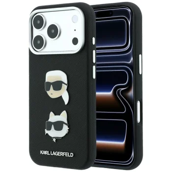 Karl Lagerfeld Saffiano vāciņš priekš iPhone 18 Pro / 17 Pro, Karl & Choupette, melns