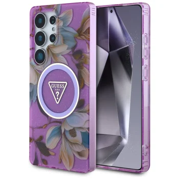 Guess Glitter Flowers MagSafe vāciņš Samsung Galaxy S25 Ultra, violets