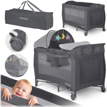 Ricokids saliekamā ceļojumu gultiņa ar matraci un somu, 127.5x66x82 cm, antracīta